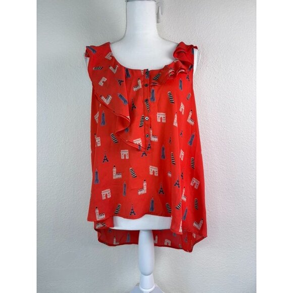 Maeve Anthropologie women's 6 orange asymmetrical hem Eiffel‎ tower ruffle tank - Picture 1 of 7